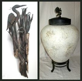 Large Metal Heron and Driftwood Sculpture and Large Lidded Urn with Peacock Finial on Stand 