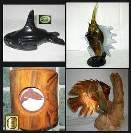 Pearlite Fish Box, Murano Glass Fish, Marked Fish and Carved Wood Night Light and Copper Fish on Driftwood Sculpture 