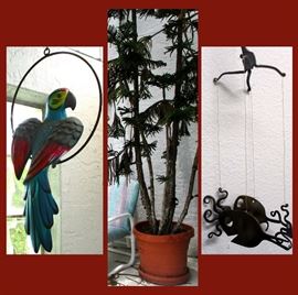 Parrot, Tall Potted Tree and Wind Chimes 