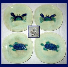 Really Nice Dessert Size Crab and Turtle Pottery Plates, Set of 6, Marked
