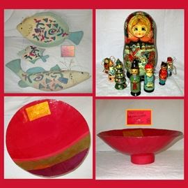 Signed Papier Mache Fish and Bowl and Russian Doll with Small Ornaments Inside 