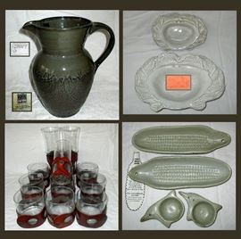 Signed Pottery Pieces and Glassware with Leather