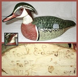 Paul E Lacombe Duck Decoy, Signed and Dated 1975 with Great Paint and Unfortunate Crack 