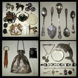 Sterling Spoons, Sterling Jewelry, Vintage Costume Jewelry, Antique Mesh Purse and Many More Interesting Pieces 