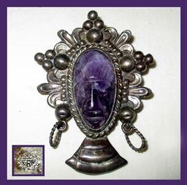 Large and Beautiful Sterling Silver and Amethyst Brooch Marked ERR Mexico 925 