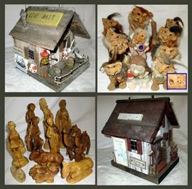 Very Detailed M. L. Studtman Original Bird Houses, Collection of Clay Trolls Marked S. and Wooden Nativity Figures 