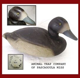 Vintage Duck Decoy Marked Animal Trap Co Pascagoula Miss 