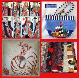 Set of Vintage Playing Card Napkins, Sally Huss Tote, Shell Pillow and Collection of Nice Scarves 
