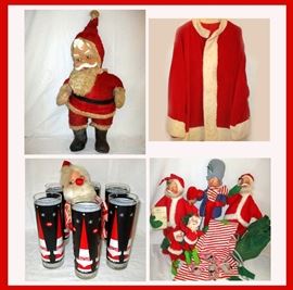 Vintage Stuffed Santa Claus, Vintage Santa Costume; Jacket and Pants, Dairy Queen Christmas Glasses and Santa Annalee Dolls 