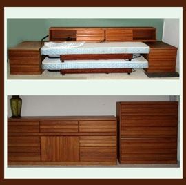 King Size Headboard with Nightstands, Electric Adjustable Mattresses, Matching Long Dresser and Chest of Drawers