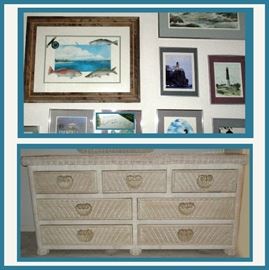 Wall Full of Fish and Lighthouse Prints, Most are Signed. Large Center Print is an Artist's Proof Signed Kim McGuffee 4/5. Wicker Dresser with Shell Motif has a matching Nightstand and Mirror 