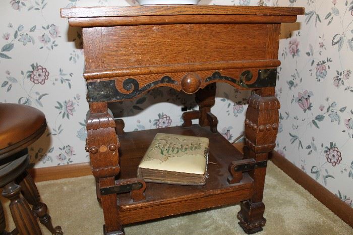Antique oak square unusual table with metal decoration