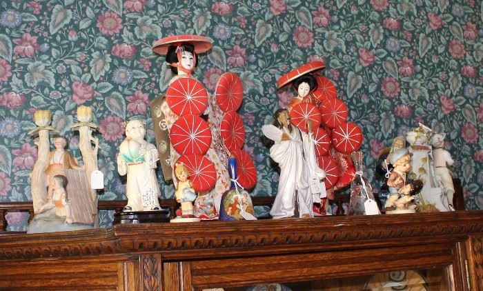 Oriental figurines and two bisque antique figurines