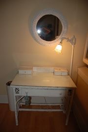Antique Wicker Desk, Wicker framed mirror, Floor lamp