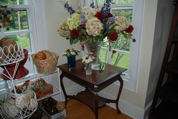Antique Walnut side table  & Floral arrangement in Crystal Galway Vase