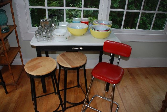 Three full sets of Vintage Pyrex bowls ,red upholstered stool