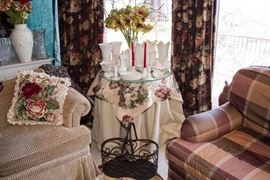 3 Cushion Sofa: $200.00 Custom Made Club Chairs (2 available) $375.00 pair. 4 piece Round Table w/Glass Top and Linens: $90.00 Iron Magazine Basket w/Handle: $16.00. Needle Point Pillow (5 available). $60.00 ea.