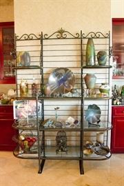 Iron Bakers Rack w/Patena Trim and Glass Shelves:  $450.00 Signed Raku. $8.00-$80.00 Stoneware/Pottery$12.00-$90.00  Crystal Rocks/Geoed's:  $6.00-$60.00   