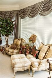 French Style Club Chairs w/Silk Upholstery (2 available) $450.00 ea. (as is) Matching Ottoman: $100.00 (as is) 