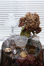 Round Side Table (4 part) w/ Linen and Glass Top: $90.00 Waterford Crystal Clock: $60.00 Hydrangea Arrangement In Vase: $30.00 and More! 