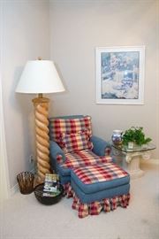 Ottoman, Club Chair and Pillow: $200.00. Still Life In White Frame. $40.00. Piller Table w/ Glass Top: $120.00. Barley Twist Floor Lamp. $180.00