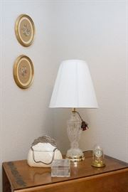 Crystal Lamp: $60.00. Crystal Box $12.00 Ceramic Purse: $12.00 Oval Needle Work Framed: $15.00 ea