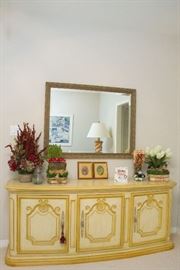 Beveled Mirror w/Gilt Frame (44" across x 34"h) $180.00 French Style Credenza . 3 Door, 3 Drawer (32"h x 76"w x 20"d): $600.00
