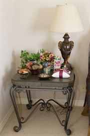 Slate Top Iron Bedside Table (25"h x 27" dia.): $240.00 Rams Head Lamp: $120.00