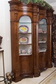 Italian Walnut Display Cabinet. Bow Front 3 Piece Unit. (8'h x 8' w x 8-22"d) $11,300.00  [Italian Dish Set Remains w/Family]