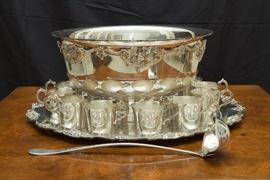Wallace Silver Plate Punch Bowl, Under Plate, Ladle and 12 Cups: $150.00 