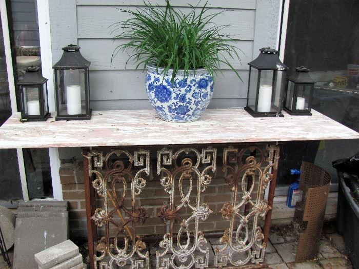 repurposed table. made from architectural Iron and pink italian marble   