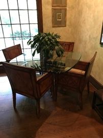 Glass Ferguson Copeland game table with 4 leather chairs with silk cushions