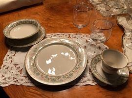 Noritake Miyoshi 7194  eight place setting with serving pieces fine china and Lenox Laurent stemware crystal