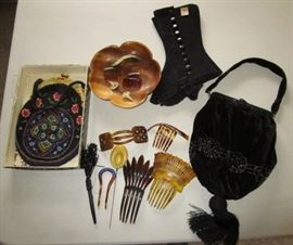Antique beaded purse, antique hair pieces, etc