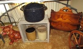 Stoneware crocks, enamel canner,ceramic tiger, magazine rack
