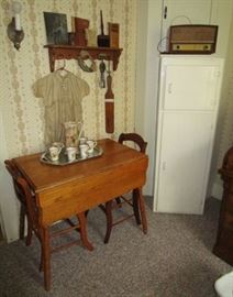 Drop leaf table, antique painted chimney cupboard