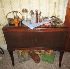 Small buffet from dining room set, antique kitchen collectibles, metal box, woven baskets