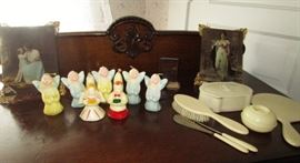 Figural candles, celluloid dresser set items, 2 antique glass/metal pictures