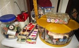 Sewing thread, vintage buttons, skirt marker