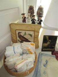 Vintage linens, graduation salt & pepper sets, wooden spools w/ thread