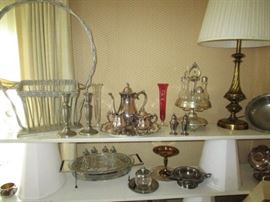 Silver plate items, cruet set, woven funeral basket
