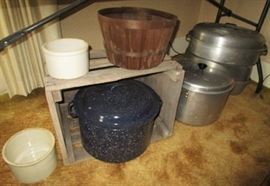 Wooden basket, crates, stone butter crocks, enamel & aluminum kettles