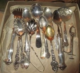 Sterling and silver plate spoons, serving pieces