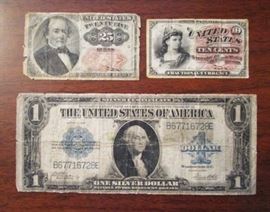 US 10 & 25 cent paper currency from 1800's, 1923 silver dollar currency.