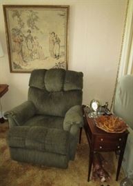 Recliner, vintage side table w/ glass top and drawers
