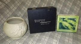 Art pottery planter, Stockbridge State Bank box, Deer pottery vase