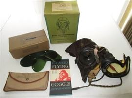 WWII Army Air Force soft leather helmet w/ speaker & goggles, oxygen mask in original box, goggle lenses