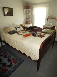 Antique full size bed, painted corner display cabinet