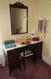 Antique desk and mirror, costume jewelry