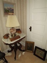 Antique marble top parlor table, antique hankie/tie wooden boxes, antique pictures